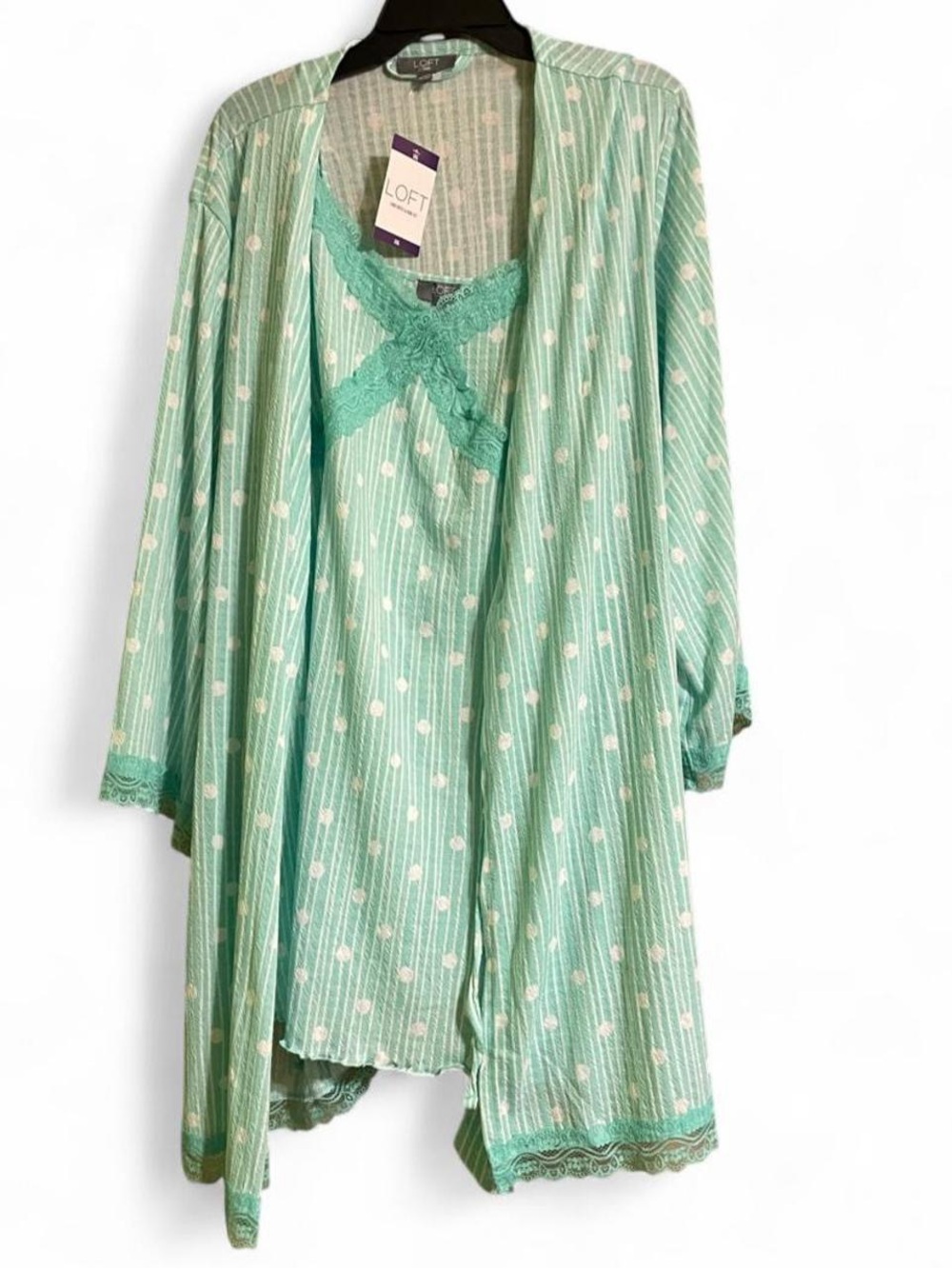 LOFT Mint Green Lace-Trim Robe and Nightgown Set